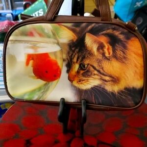 Cat & Goldfish Printed Pet Makeup Travel Bag - Brown